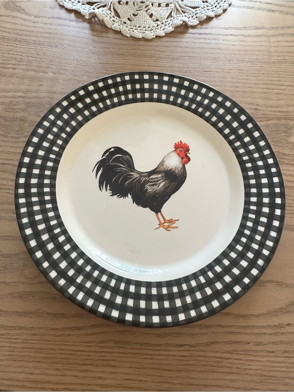 Cracker Barrel Black and White Check Rooster Dinner Plate
